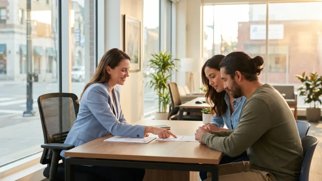 Conseiller expliquant les garanties d'une assurance de prêt à un couple