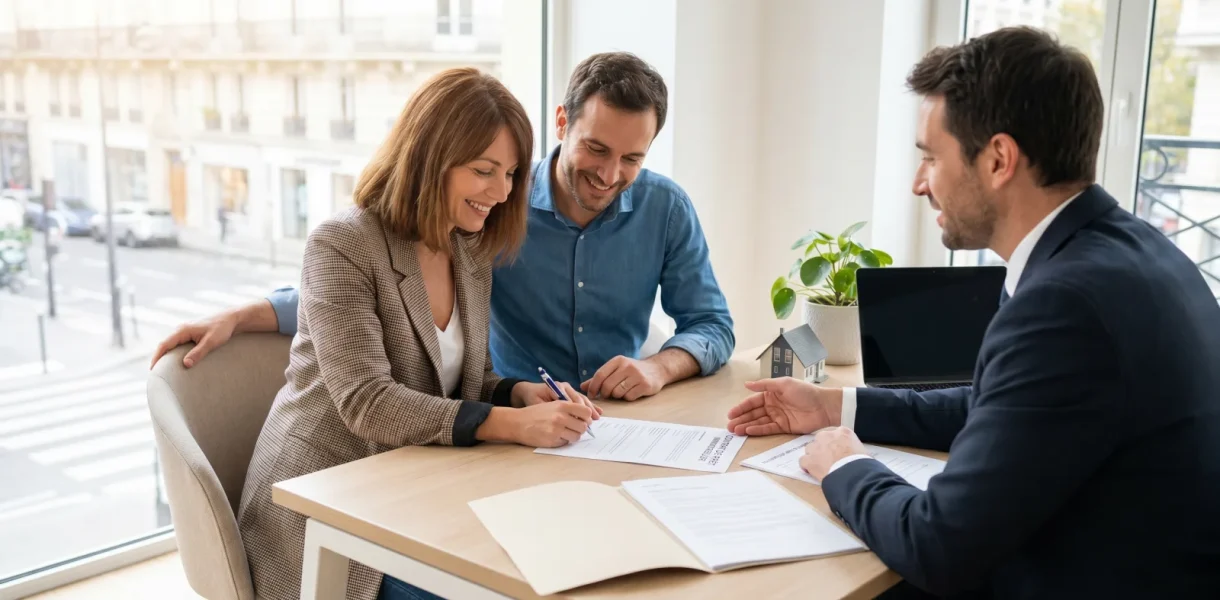 Couple signant un contrat d'assurance emprunteur avec un conseiller
