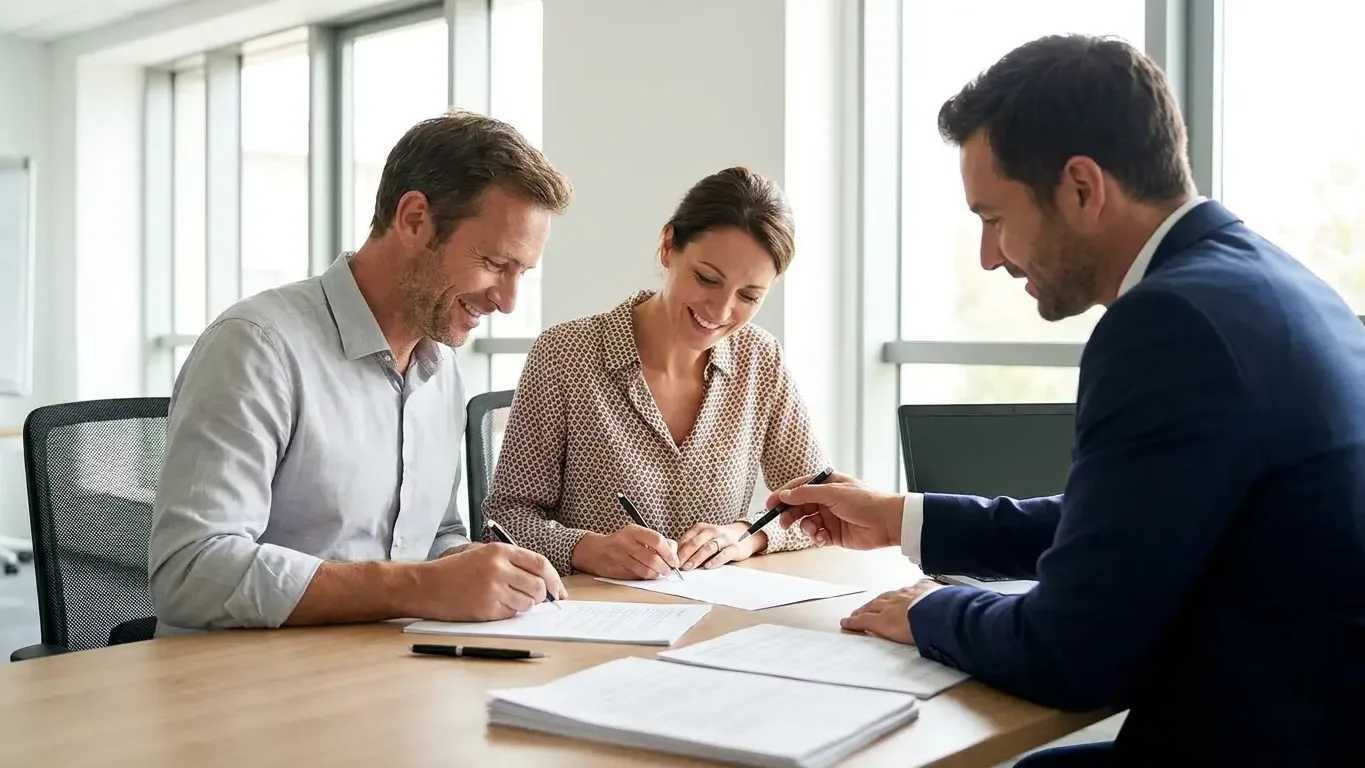 Couple signant un contrat d'assurance emprunteur avec un conseiller dans le cadre de la convention AERAS