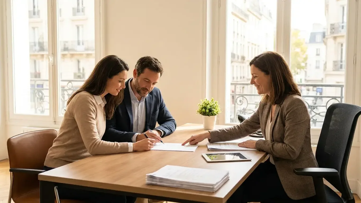 Couple signant un contrat d’assurance de prêt avec un conseiller