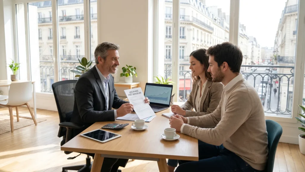 Conseiller financier expliquant l'assurance emprunteur à un couple
