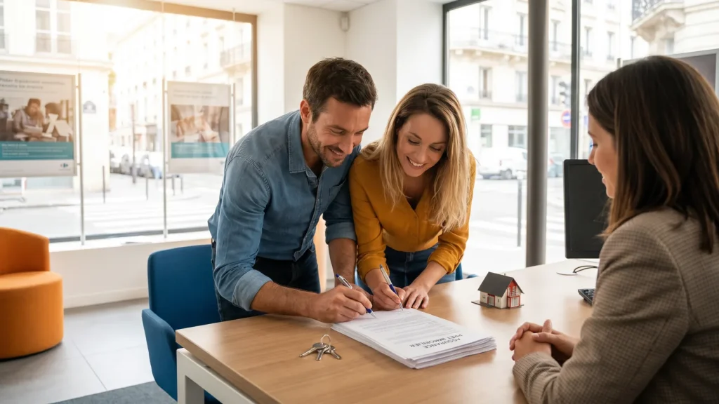 Couple signant un contrat d'assurance de prêt immobilier en agence