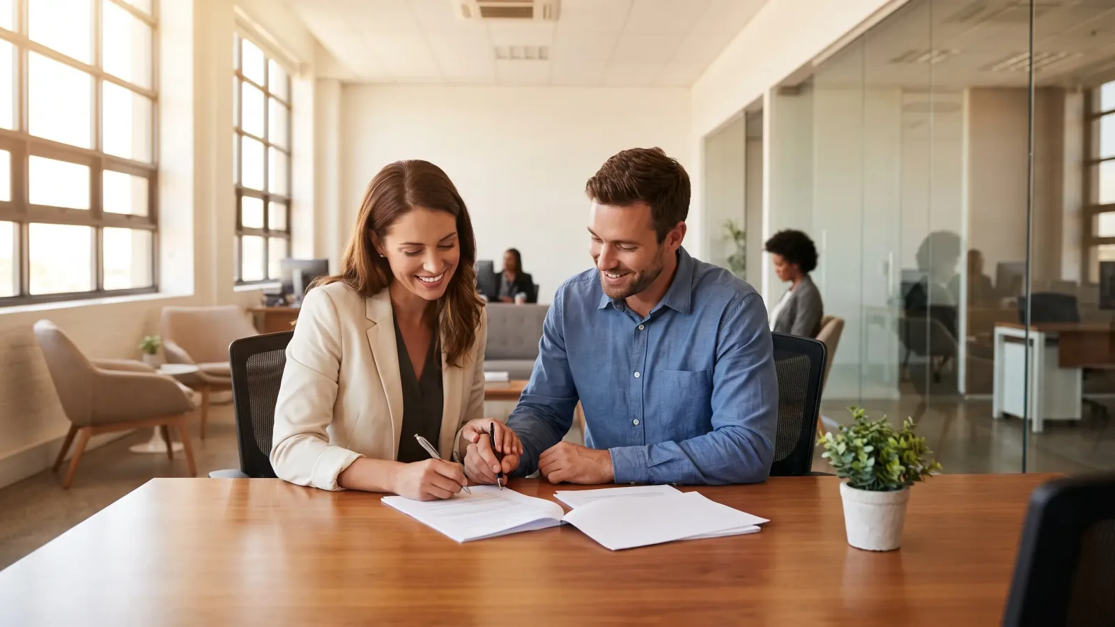 Couple signant le contrat de prêt immobilier et son assurance emprunteur