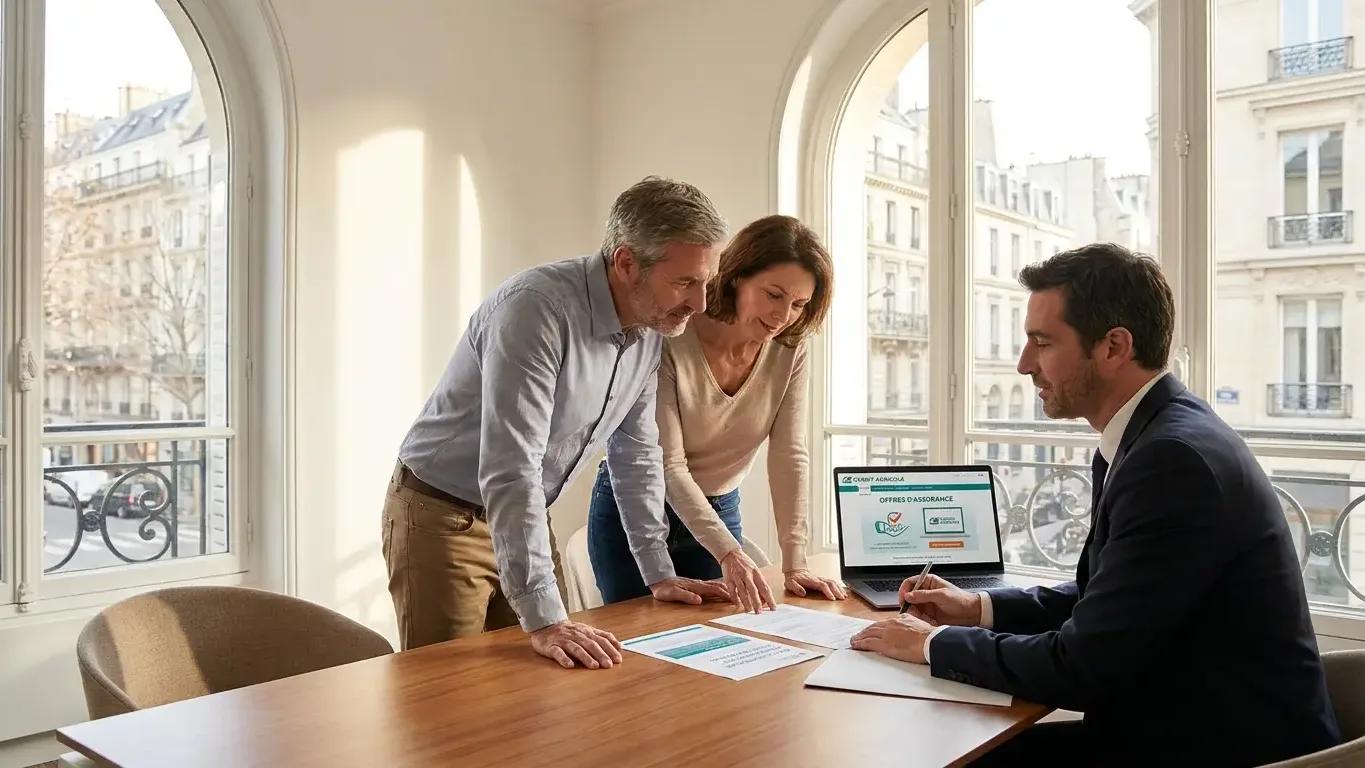 Couple comparant les devis d'assurance de prêt avec un conseiller