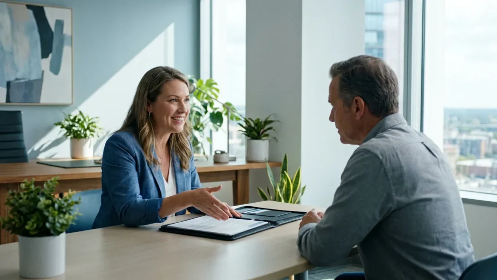 Conseillère expliquant les alternatives à l'assurance emprunteur à un client
