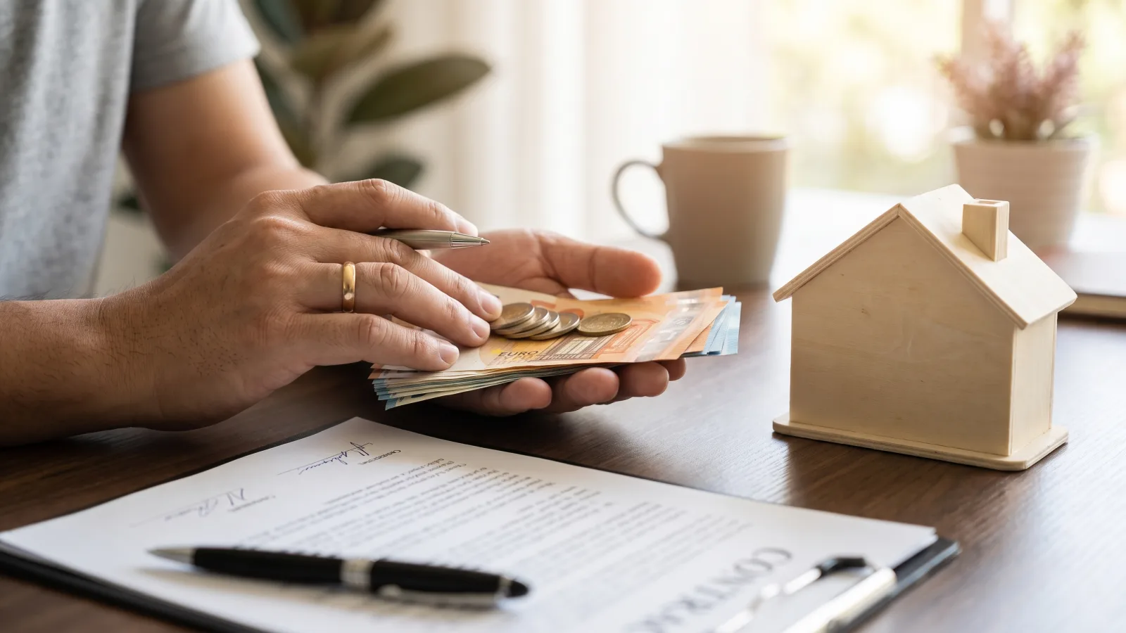 Billets en euros, maquette de maison et contrat signé illustrant le prix de l'assurance de prêt