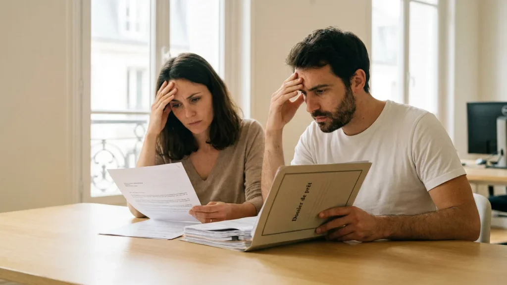 Couple examinant un courrier de refus d'assurance de prêt immobilier