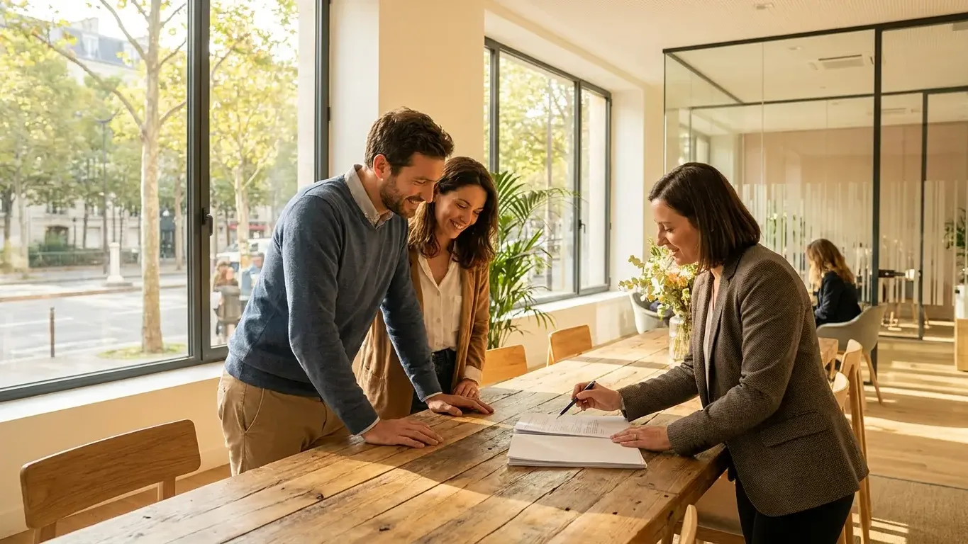Couple signant un contrat de prêt immobilier avec un conseiller bancaire