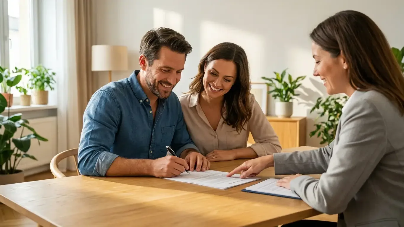 Couple signant un contrat de prêt immobilier avec un conseiller