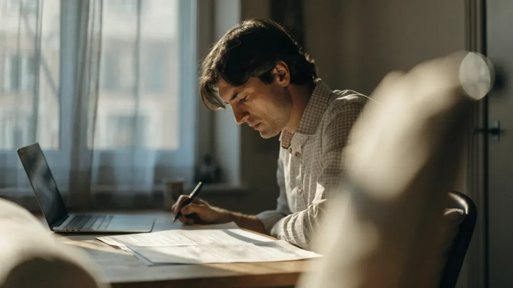 Homme comparant des relevés bancaires devant un ordinateur portable
