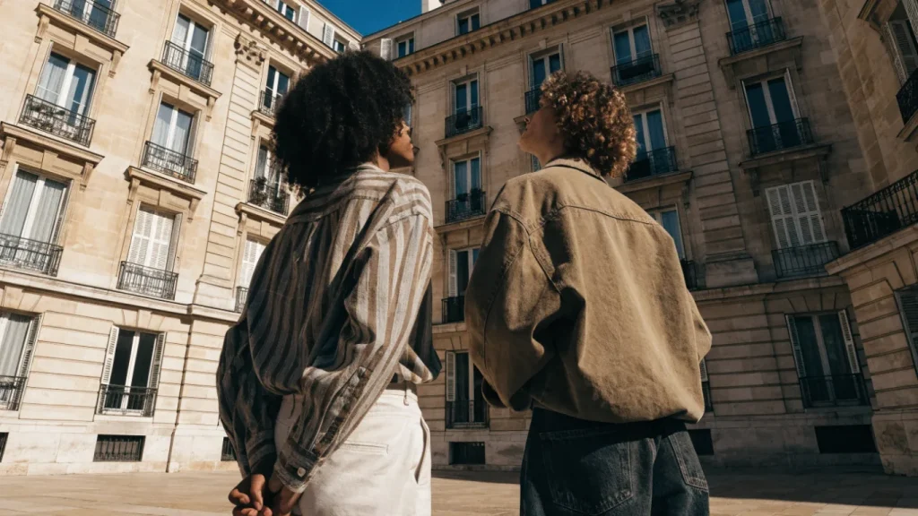 Couple observant la façade d'un immeuble avant un projet d'achat