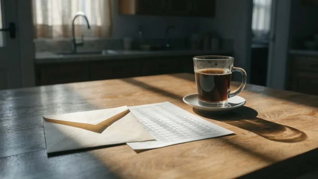 Courrier bancaire et échéancier posés sur une table de cuisine