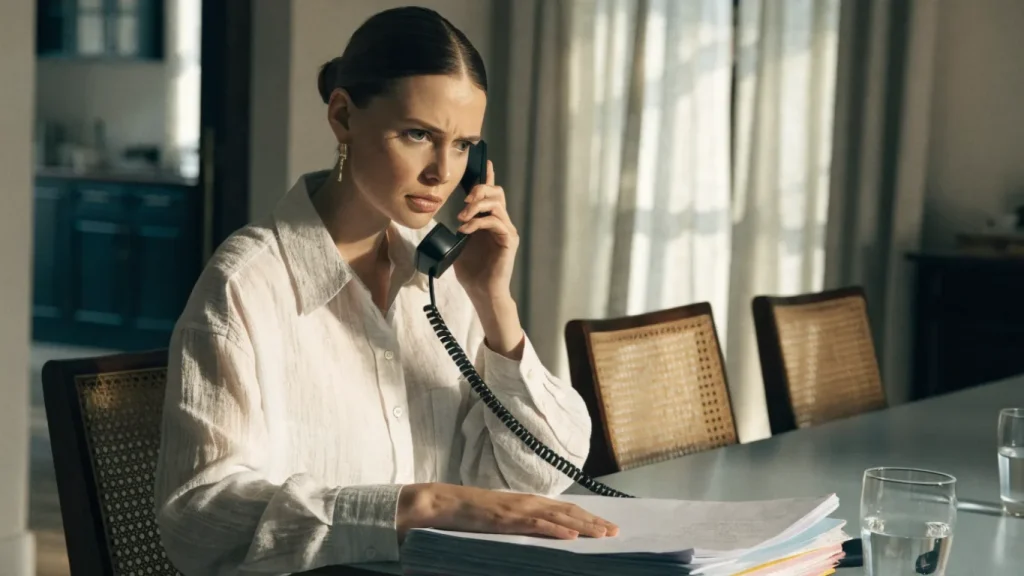 Femme au téléphone devant des documents administratifs